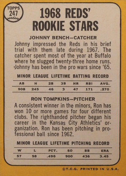 1968 Topps #247 JOHNNY BENCH Rookie Cincinnati Reds Rookie Reprint Card