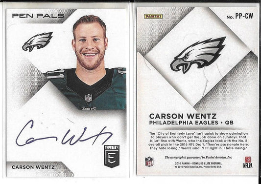 2016 Panini Donruss Elite Pen Pals  SP Carson Wentz Rookie Reprint Card  w/  Facs Auto