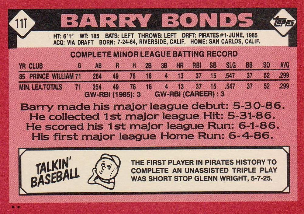 1986 Topps Traded  #11T - BARRY BONDS ROOKIE REPRINT - PITTSBURGH PIRATES **
