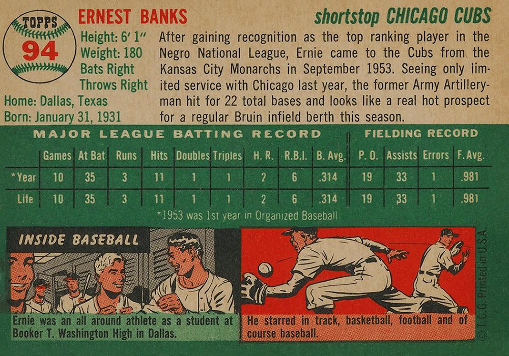 1954 Topps #94 ERNIE BANKS -CHICAGO CUBS - Rookie Reprint Card