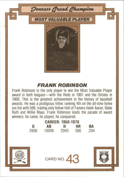 1984 Donruss Champions HALL OF FAME Card - #43 FRANK ROBINSON - BALTIMORE ORIOLES -