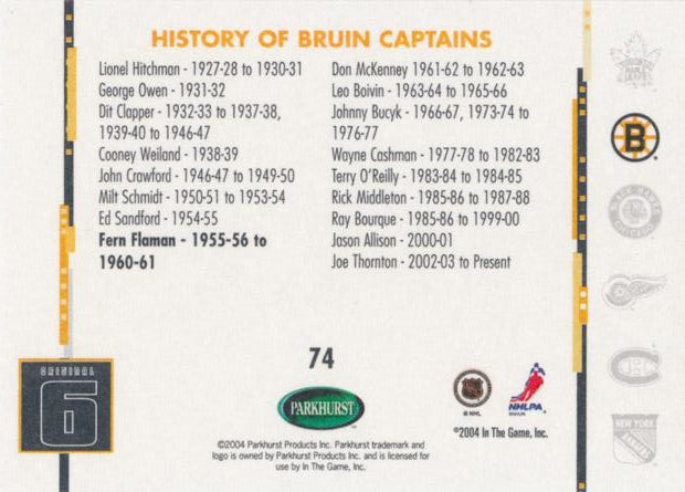 2003 Parkhurst Original 6 #74 FERN FLAMAN BOSTON BRUINS Captains Card