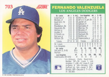 1991 Score #703 Fernando Valenzuela - Los Angeles Dodgers  "No Hit Club Card".