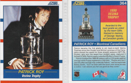 1990-91 Score #364 Vezina Trophy Winner Patrick Roy Montreal Canadiens