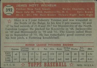 1952 TOPPS #392 HOYT WILHELM NY GIANTS BASEBALL ROOKIE RP CARD