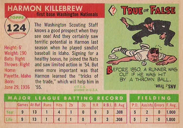 1955 TOPPS #124 HARMON KILLEBREW - WASHINGTON NATIONALS - ROOKIE RP CARD