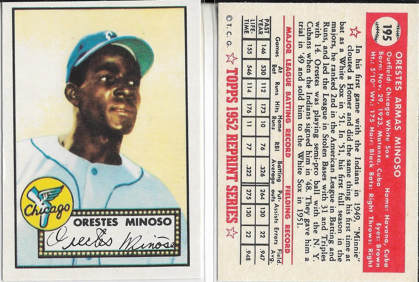 1983 TOPPS '52 REPRINT CARDS : STARS - MINNIE MINOSO - CLEVELAND INDIANS - #195 ROOKIE CARD