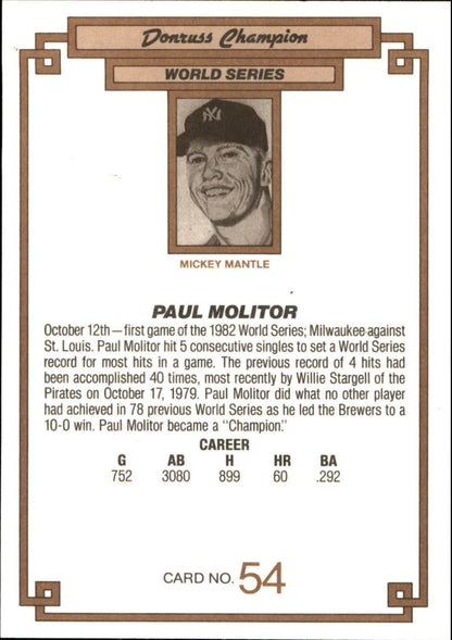 1984 DONRUSS CHAMPIONS "OVERSIZED CARD #54 PAUL MOLITOR - MILWAUKEE BREWERS