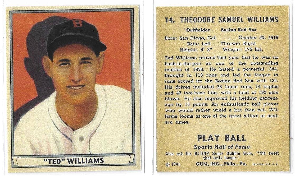 1941 PLAY BALL TED WILLIAMS BOSTON RED SOX REPRINT CARD #14 - Not His Rookie