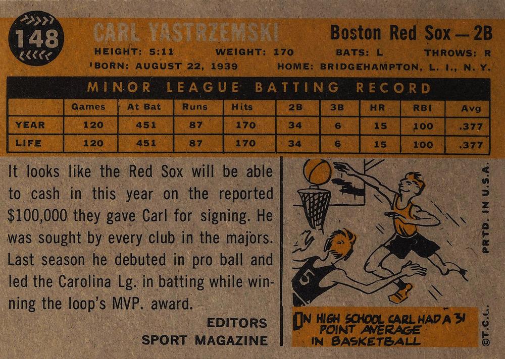 1960 Topps #148 Carl Yastrzemski Rookie Reprint  Card BOSTON RED SOX