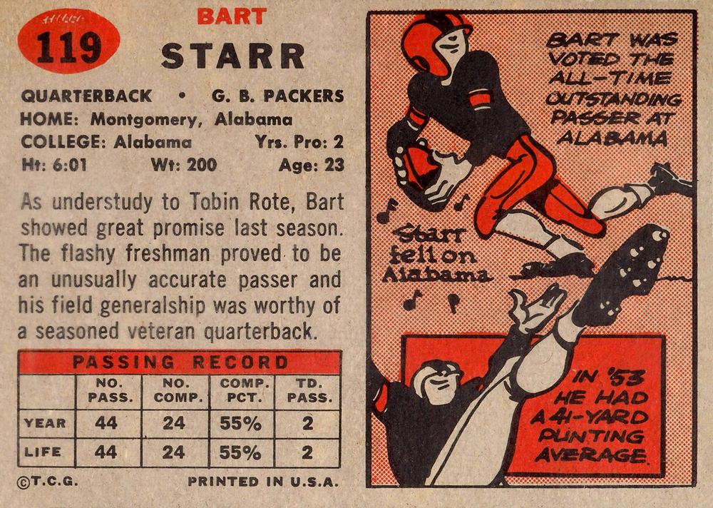1957 Topps #119  BART STARR en Bay Packers - ROOKIE Reprint Card