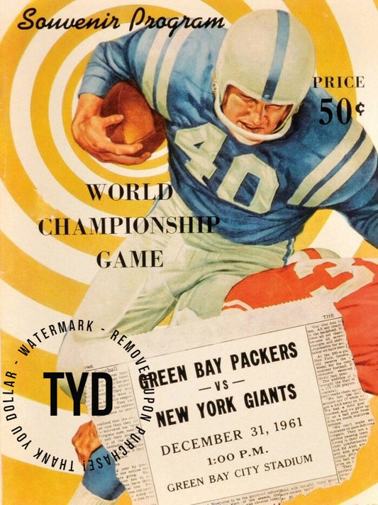 1961 WORLD CHAMPIONSHIP- PACKERS GIANTS GLOSSY PROGRAM COVER RP 8x10