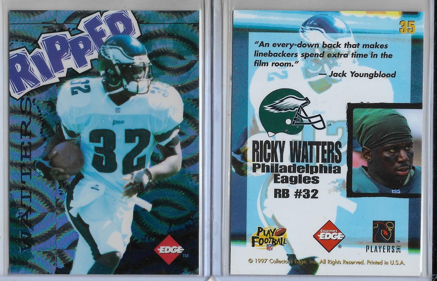 1997 COLLECTORS EDGE #35 RICKY WATTERS- PHILADELPHIA EAGLES RIPPED INSERT CARD