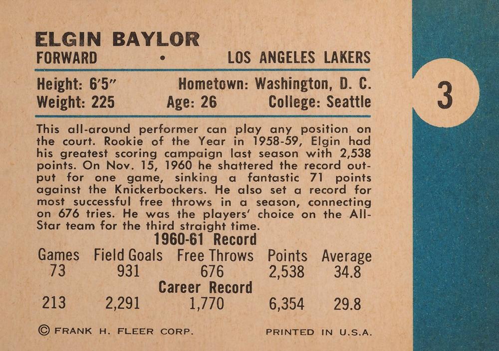 1961-62 FLEER #3 ELGIN BAYLOR LOS ANGELES LAKERS ROOKIE REPRINT CARD