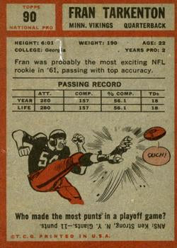1962 Topps #90 FRAN TARKENTON Rookie Reprint Card  MINNESOTA VIKINGS