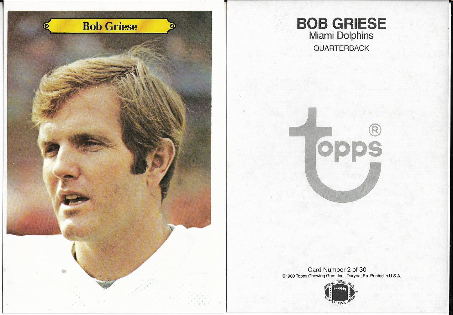 1980 TOPPS SUPER #2 BOB GRIESE - MIAMI DOLPHINS  LARGE 5X7 MINT HOF