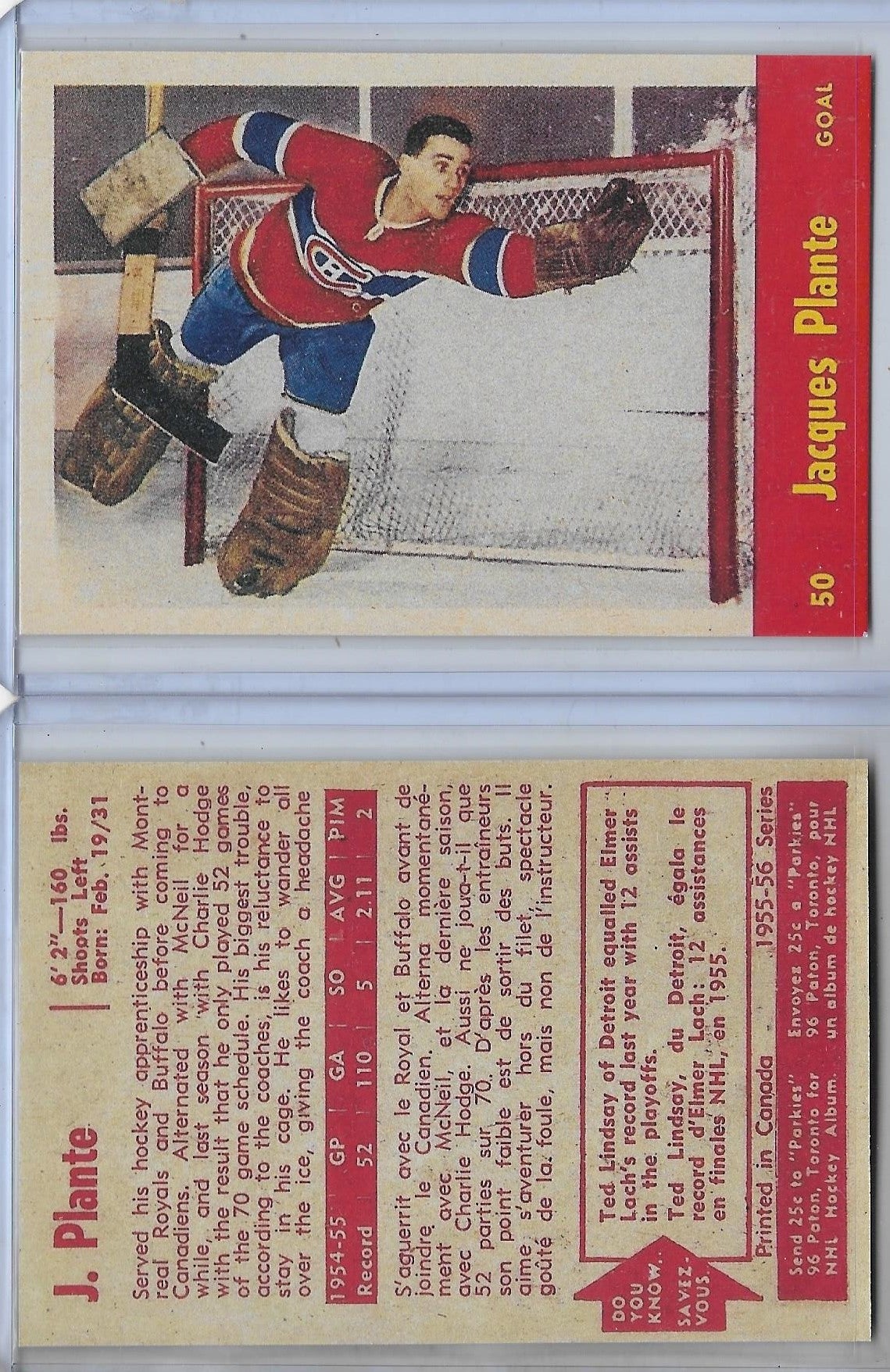 1955 Parkhurst #50 JACQUES PLANTE - MONTREAL CANADIANS  Rookie RP Card