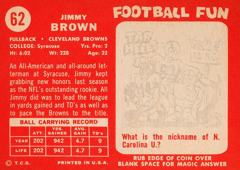 1958 Topps #62 JIM BROWN Cleveland Browns Rookie Reprint Card