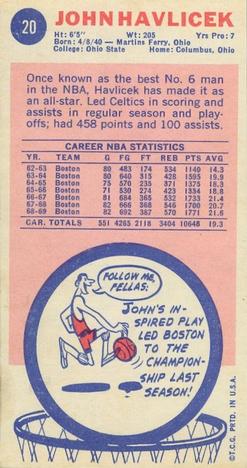 1969-70 Topps #20 John Havlicek Rookie Reprint Card Boston Celtics