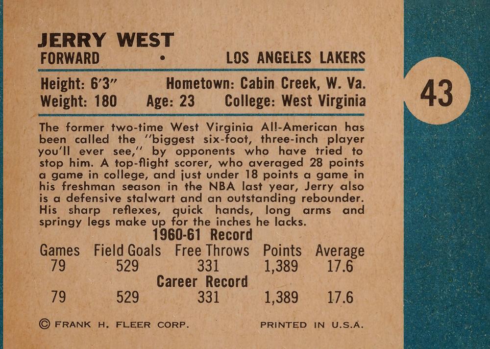 1961 Fleer Basketball #43 Jerry West RC Rookie Reprint Los Angeles Lakers