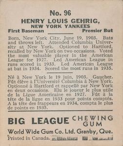 1936 World Wide Gum #96 LOU GEHRIG New York Yankees - Not His Rookie
