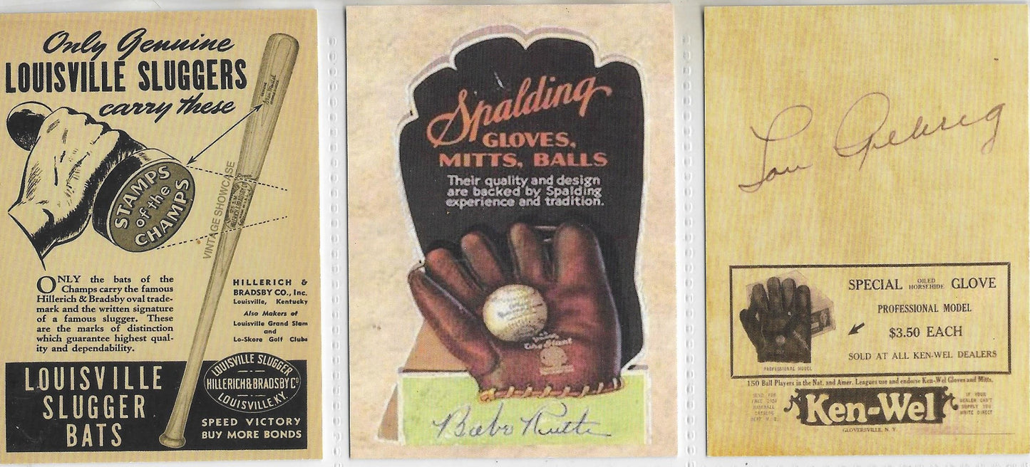 3 CARD GLOVE / BAT LOT - HOF - BASEBALL GLOVE /BAT ADVERTISMENT RP CARDS -2 w/Facs. Auto Backs - GEHRIG - RUTH