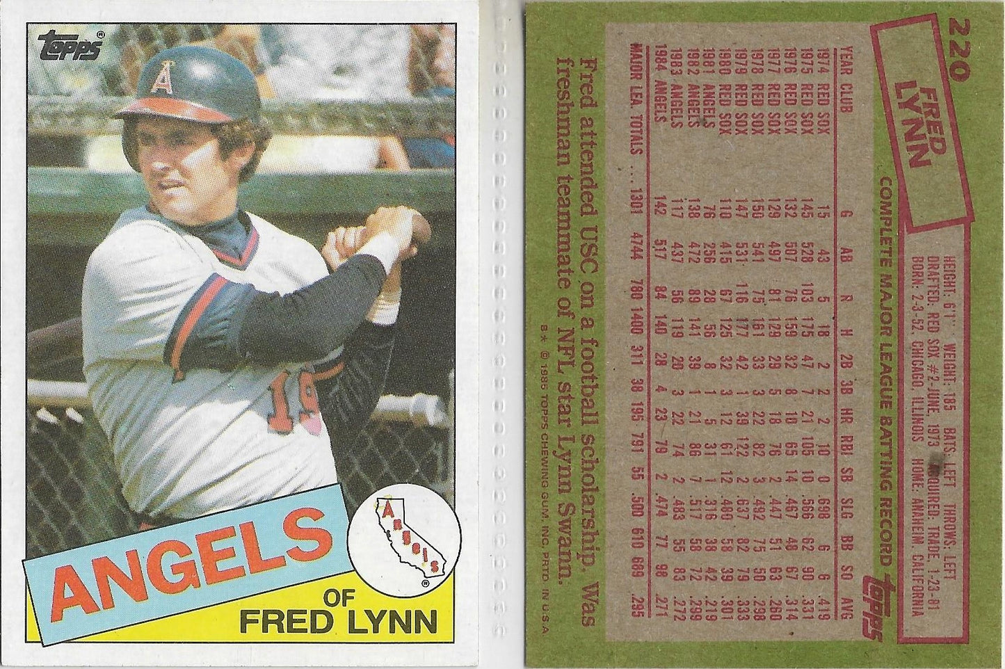 1985 TOPPS BASEBALL #220 FRED LYNN - CALIFORNIA ANGELS , BOSTON RED SOX...