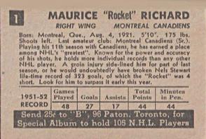 1952-53 PARKHURST #1 MAURICE RICHARD HOF-MONTREAL CANADIENS 2nd Year Card