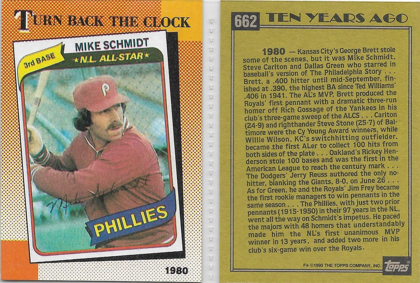 1990 TOPPS #662 MIKE SCHMIDT - PHILADELPHIA PHILLIES " TURN BACK THE CLOCK " CARD