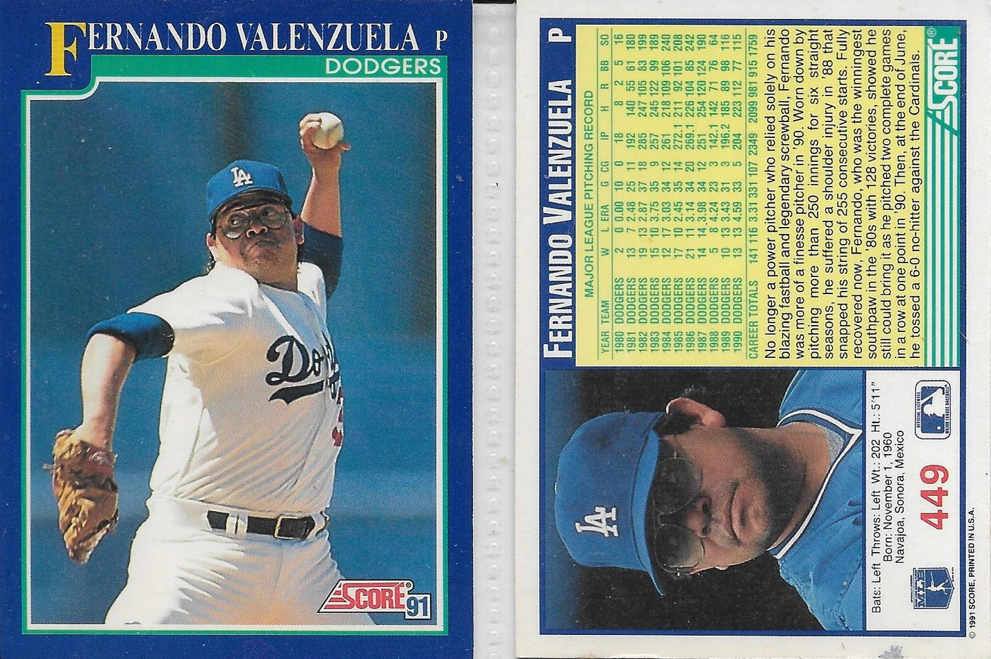 1991 SCORE #449 - FERNANDO VALENZUELA - LOS ANGELES DODGERS