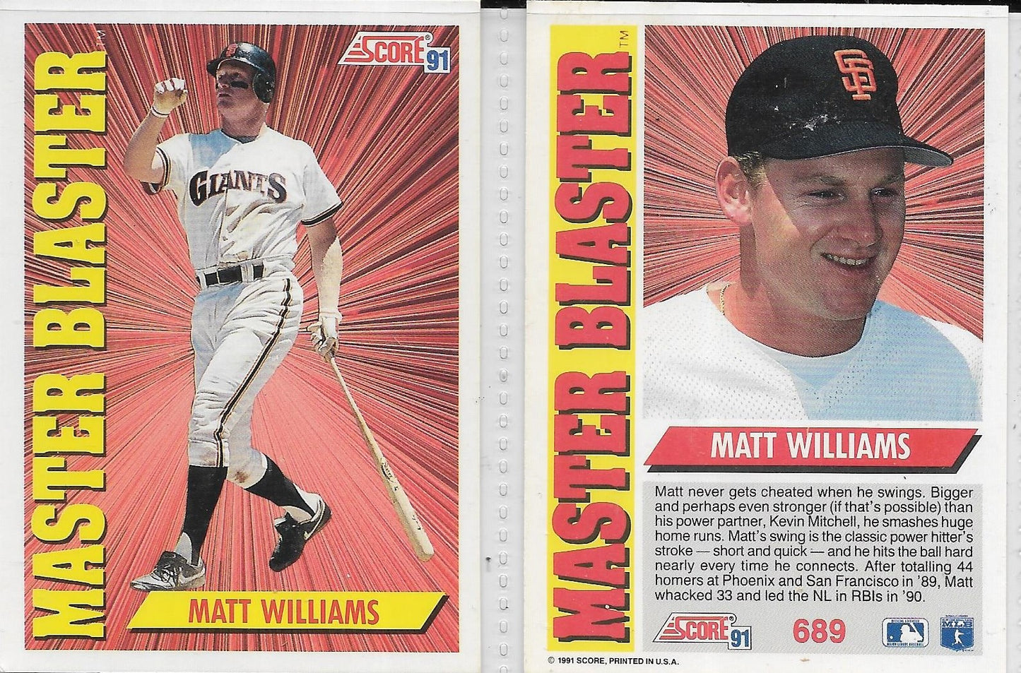 1991 Score #689 MATT WILLIAMS - SAN FRANCISCO GIANTS  "MASTER BLASTER"