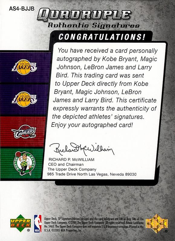 2004-05 SP  Quadruple  Signatures RP Card KOBE - MAGIC - LeBRON & BIRD