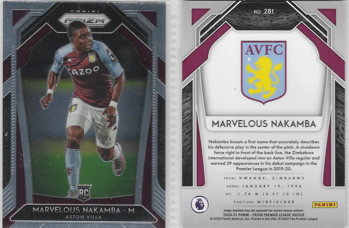 2020-21 Panini Prizm EPL Premier League Soccer #281 Marvelous Nakamba ROOKIE CARD