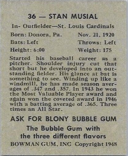 1948 Bowman #36 Stan Musial St. Louis Cardinals ROOKIE Reprint Card