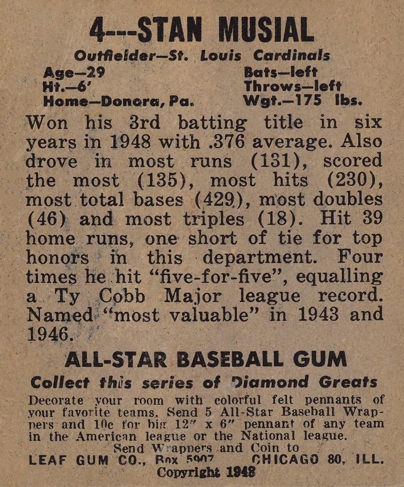 1948-49 Leaf Gum Co. #4 Stan Musial Reprint Card- St. Louis Cardinals