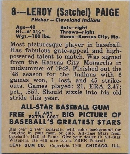1949 Leaf #8 Satchel Paige Rookie Reprint Card  Cleveland Indians
