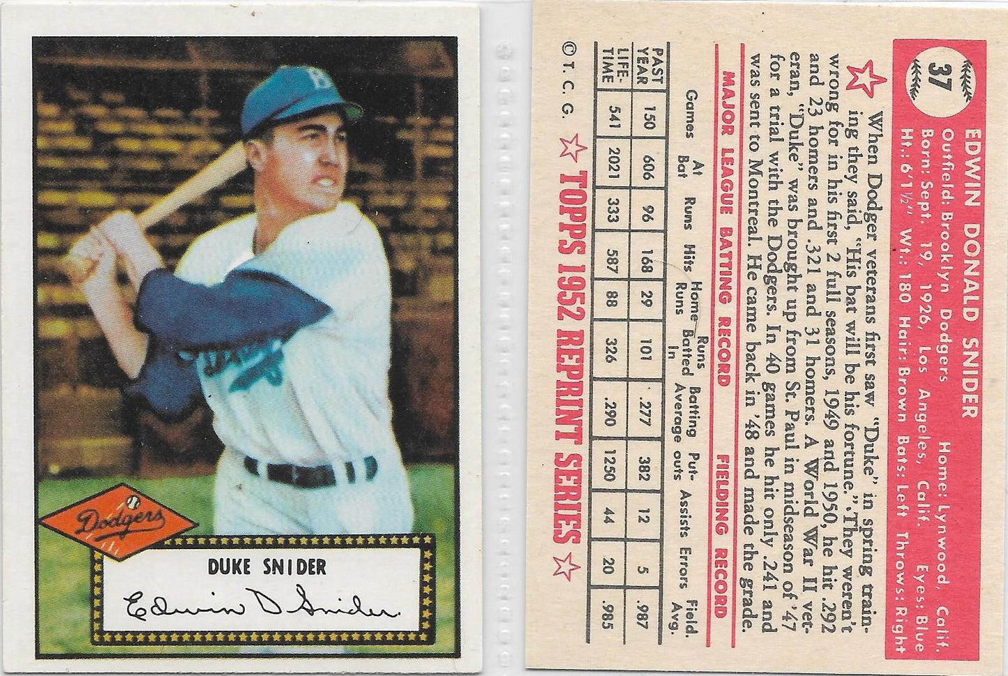 1983 TOPPS '52 REPRINT CARDS STARS -DUKE SNIDER  Brooklyn-Los Angeles Dodgers #37