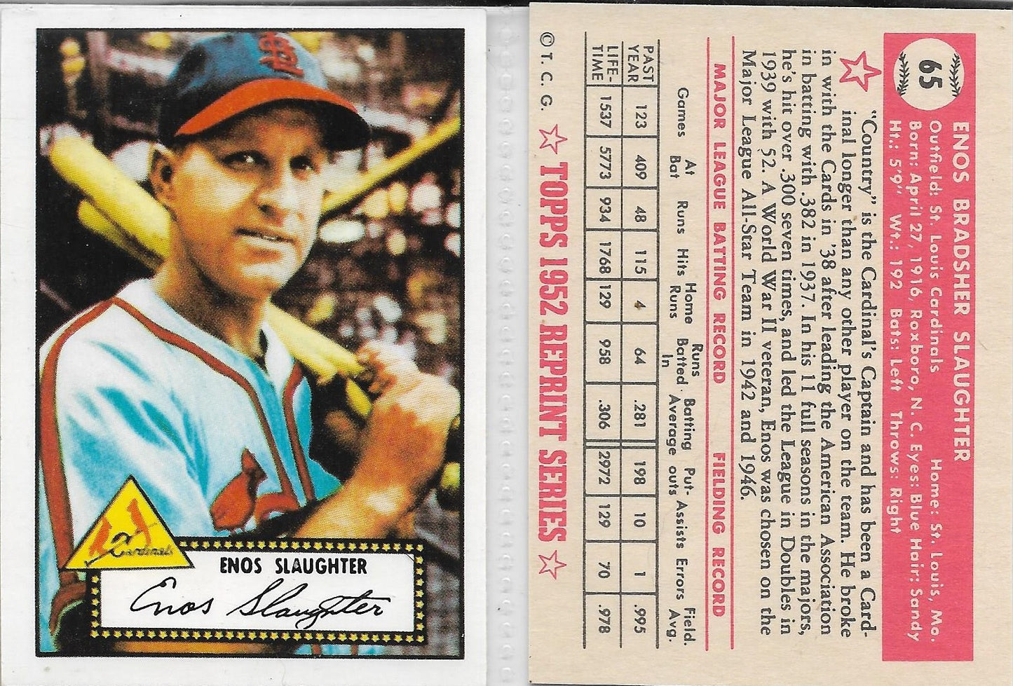 1983 TOPPS '52 REPRINT CARDS STARS - ENOS SLAUGHTER - ST. LOUIS CARDINALS #65