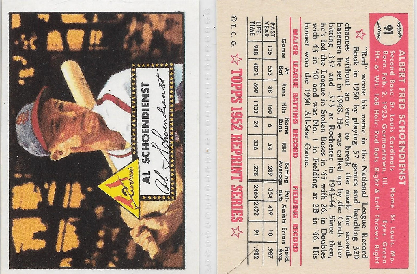 1983 TOPPS '52 REPRINT CARDS STARS - RED SCHOENDIENST - ST.LOUIS CARDINALS #91