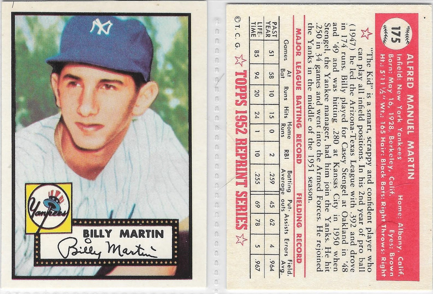 1983 TOPPS '52 REPRINT CARD BILLY MARTIN - NEW YORK YANKEES - ROOKIE CARD  #175
