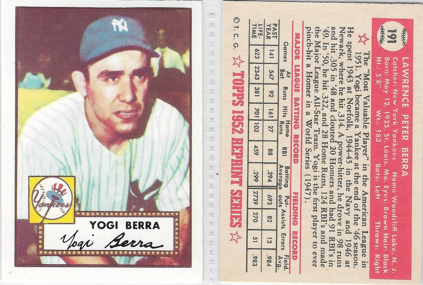 1983 TOPPS '52 REPRINT CARDS STARS - YOGI BERRA - NEW YORK YANKEES Card #191
