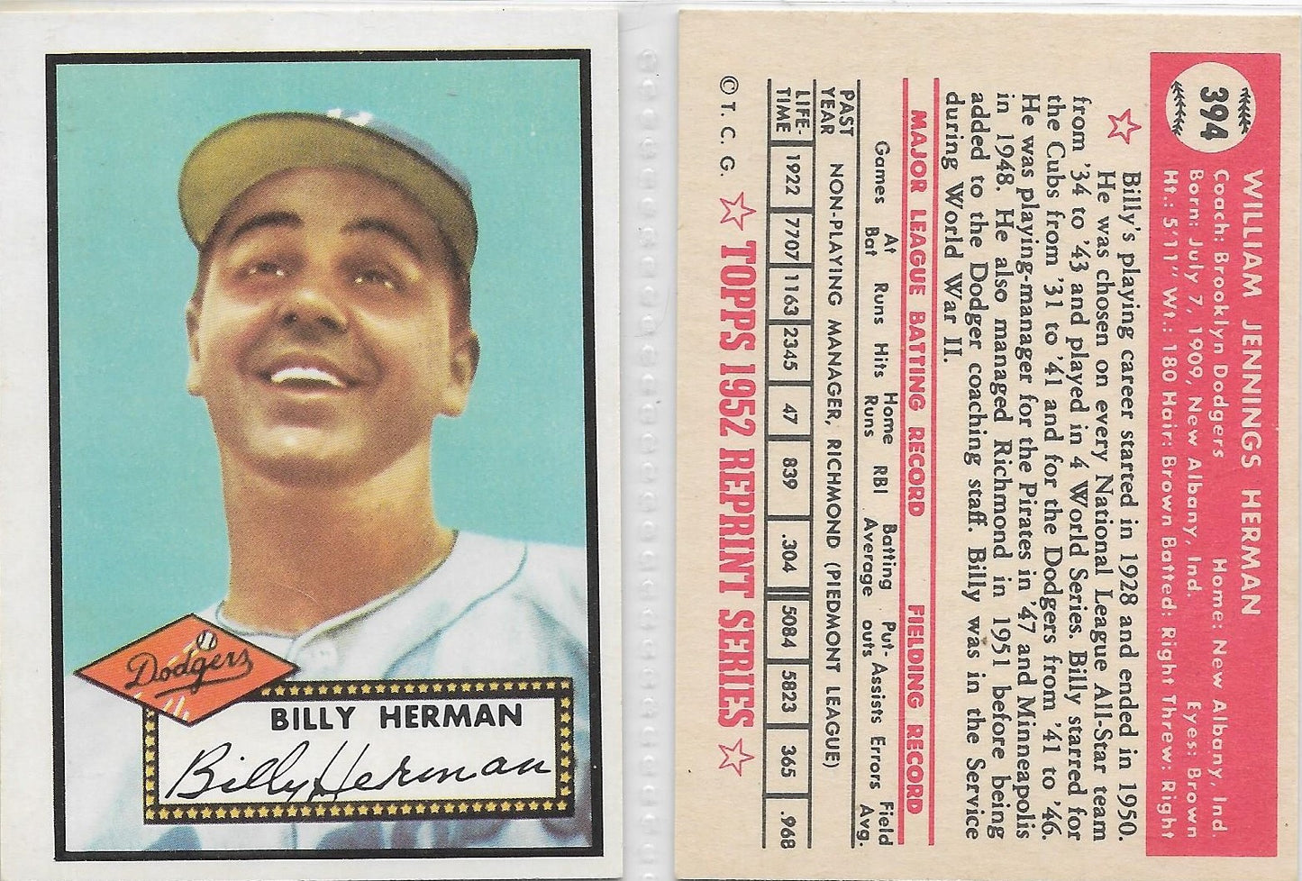 1983 TOPPS '52 REPRINT CARDS STARS - BILLY HERMAN  - CHICAGO CUBS Card #394