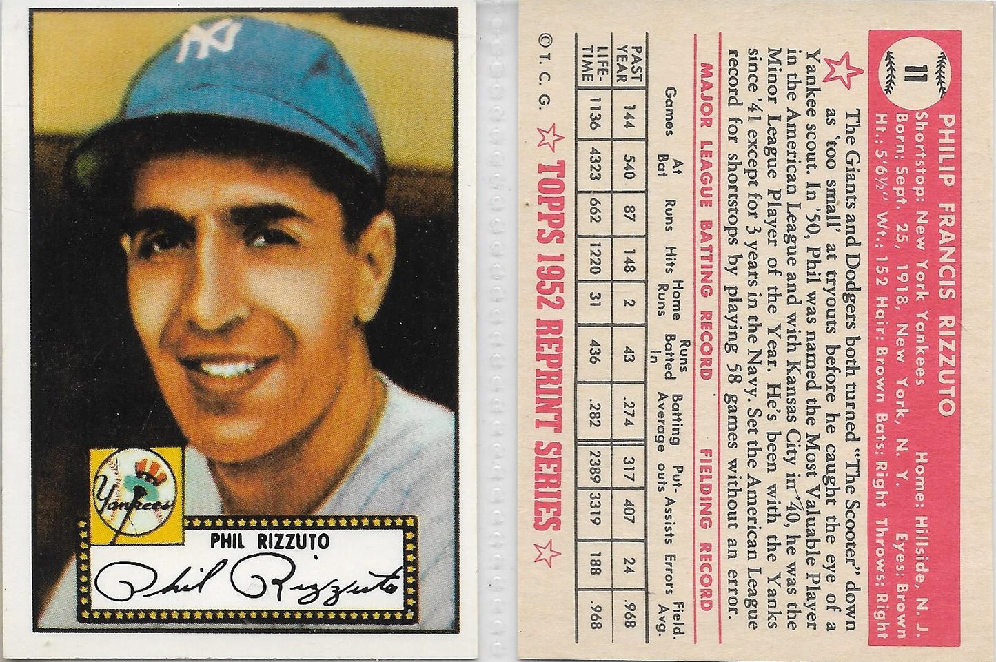 1983 TOPPS '52 REPRINT CARDS STARS - PHIL RIZZUTO - NEW YORK YANKEES #11 ROOKIE CARD