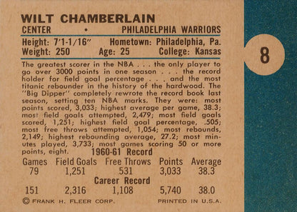 1961 Fleer #8 Wilt Chamberlain Rookie RP Card Philadelphia Warriors