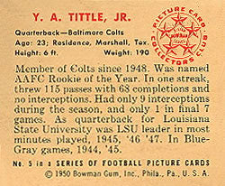 1950 BOWMAN #5 Y.A. TITTLE BALTIMORE COLTS -  ROOKIE REPRINT CARD