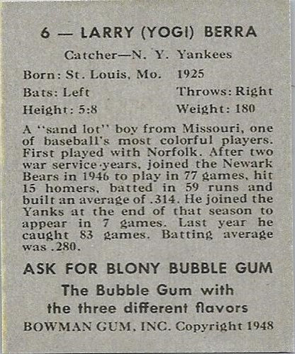 1948 Bowman #6 Yogi Berra ROOKIE Reprint Card New York Yankees