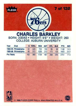 1986 Fleer #7 Charles Barkley  -Philadelphia  76ers-  Mint - ROOKIE RP CARD