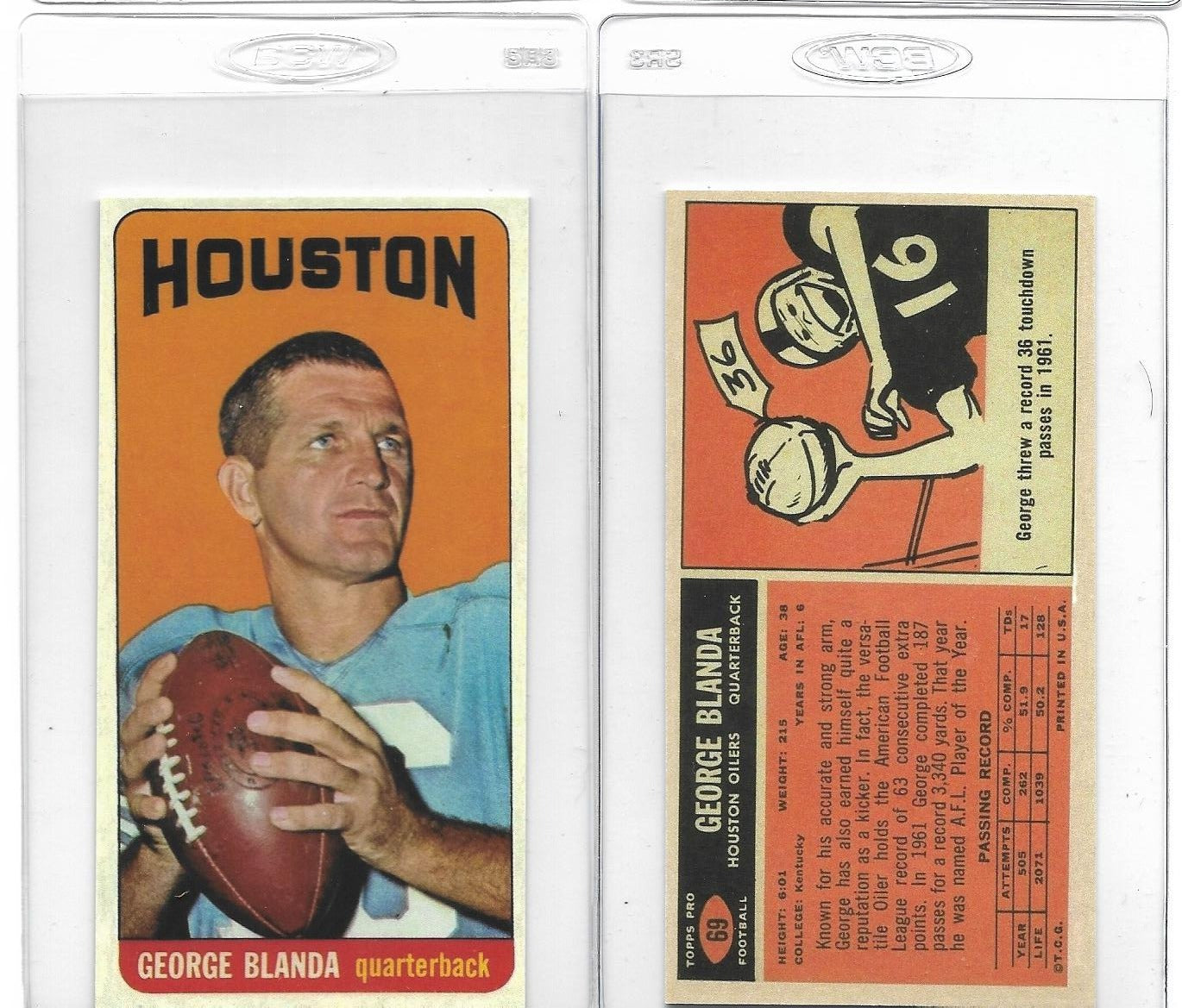 1965 Topps # 69 George Blanda - Houston Oilers Tall Football Card MINT