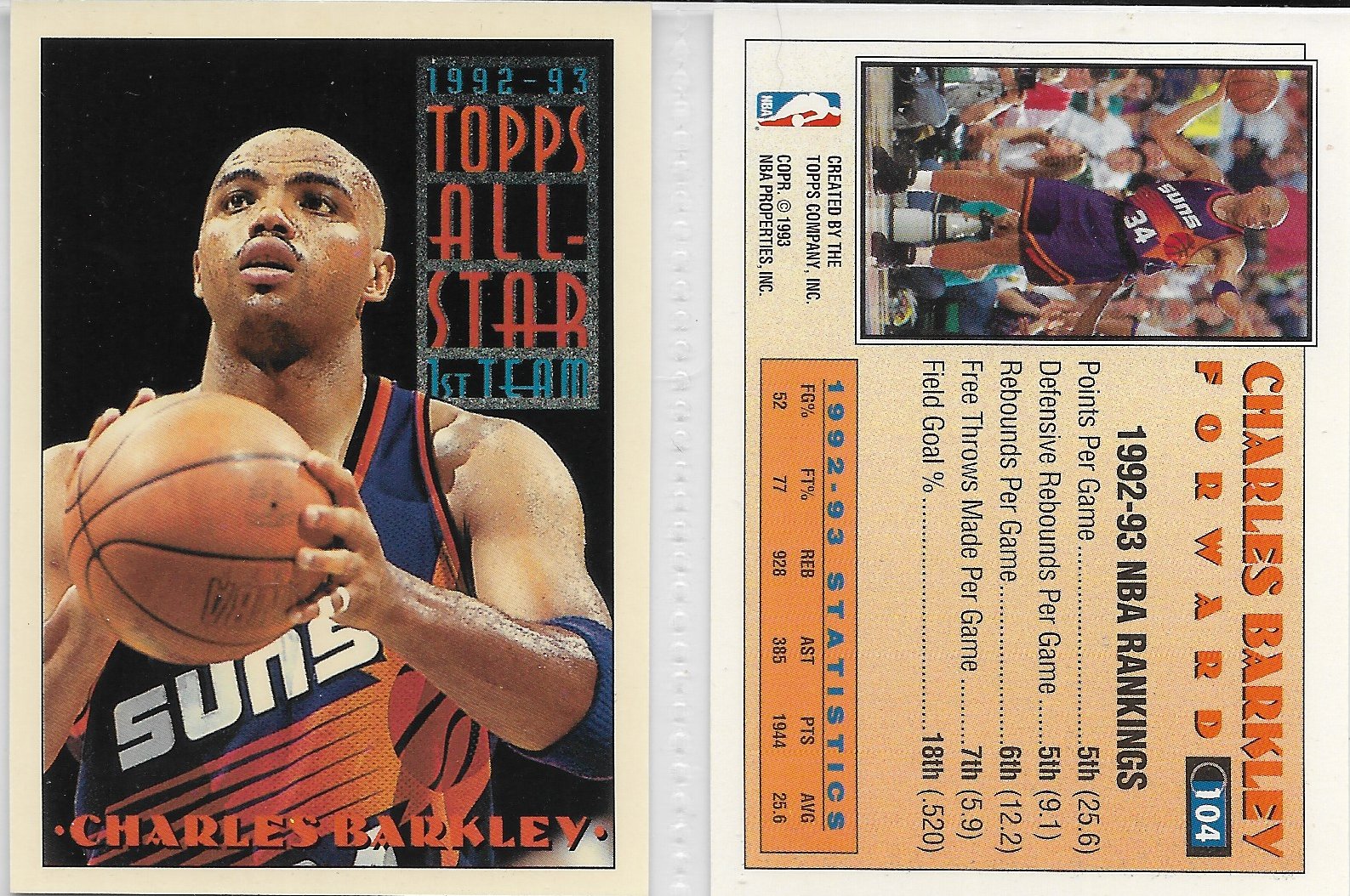 1993 TOPPS 104 CHARLES BARKLEY PHOENIX SUNS ALL STAR CARD