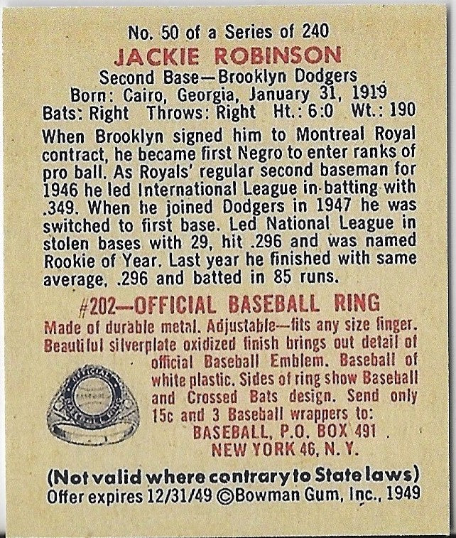 1949 BOWMAN #50 JACKIE ROBINSON - BROOKLYN DODGERS RP CARD - Not His Rookie
